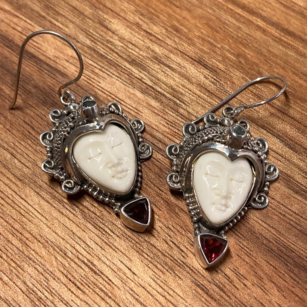 Bali Silver Carved Face Earrings with Garnet and Topaz
